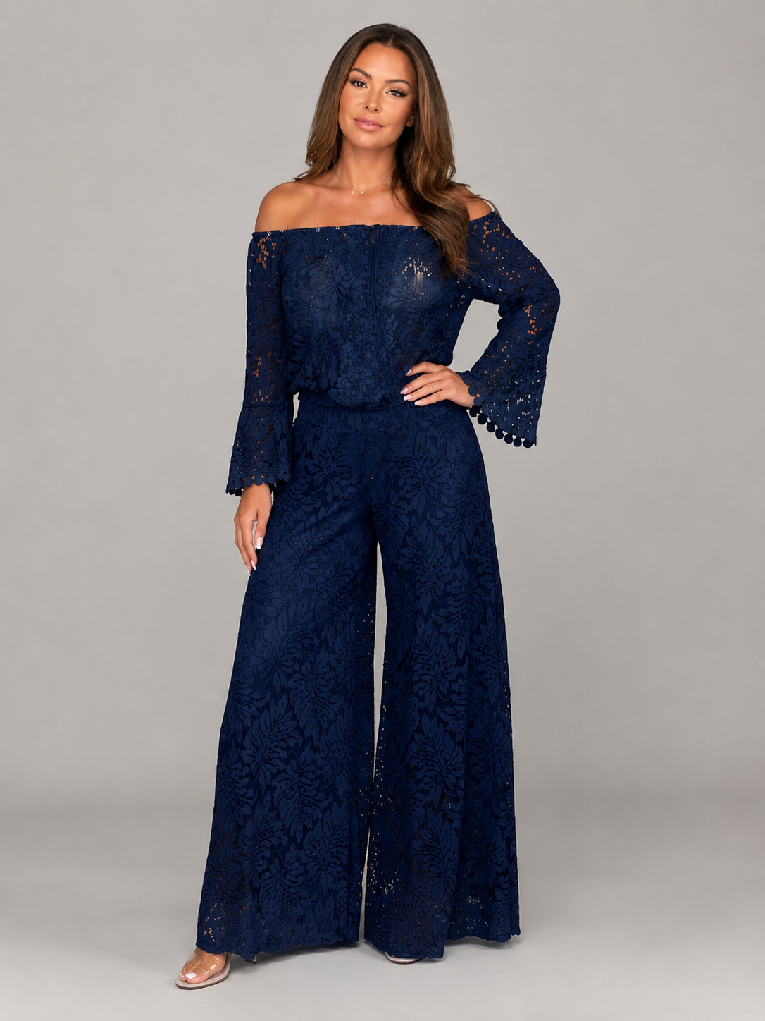 Loovay Norevane Kanten Off Shoulder Feestjumpsuit