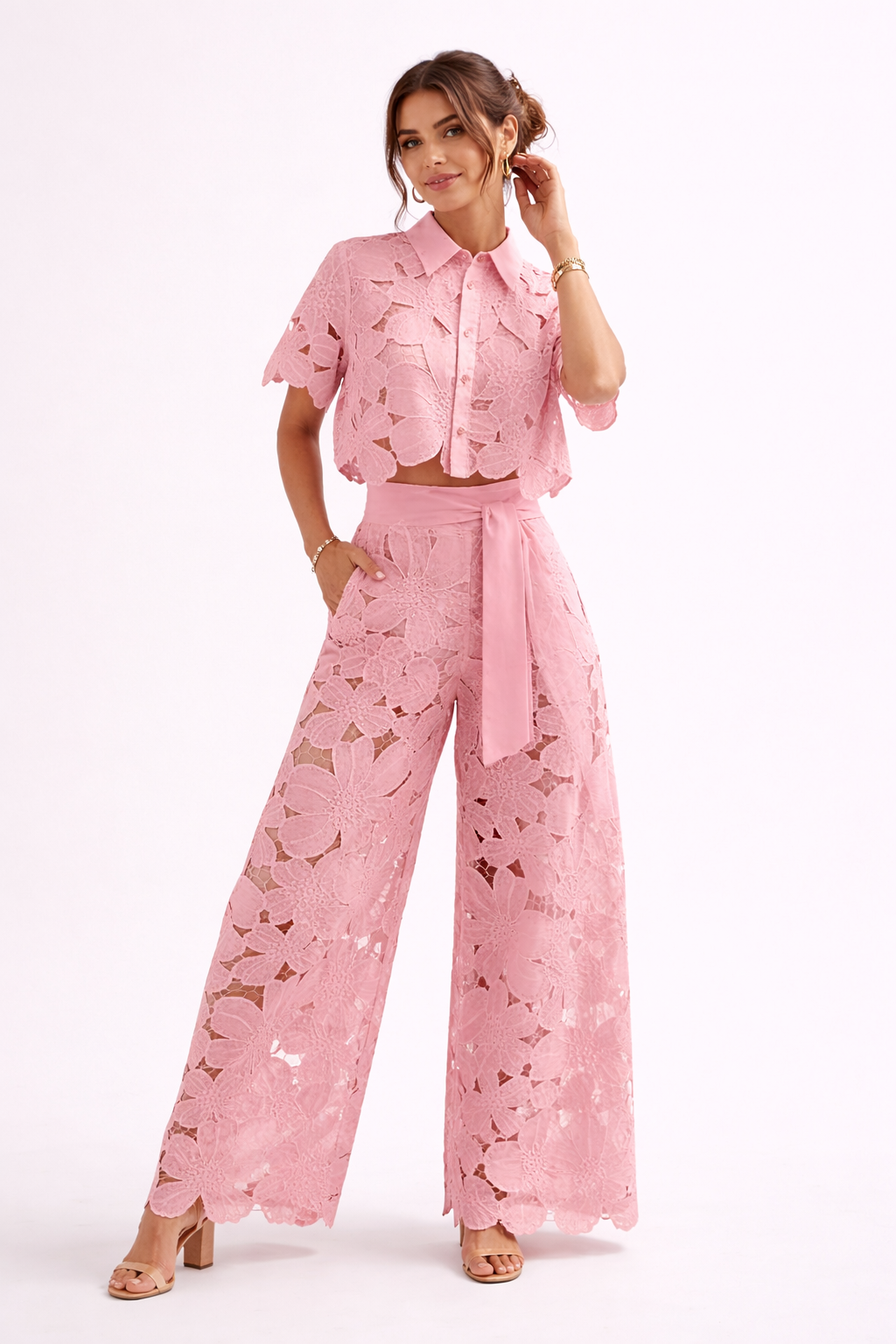 Loovay Fiorenna Set, Bloemenkant Blouse en Wijde Broek