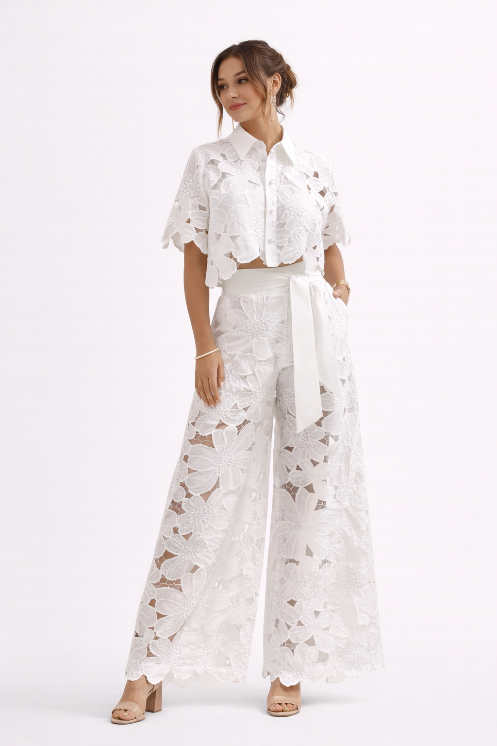 Loovay Fiorenna Set, Bloemenkant Blouse en Wijde Broek