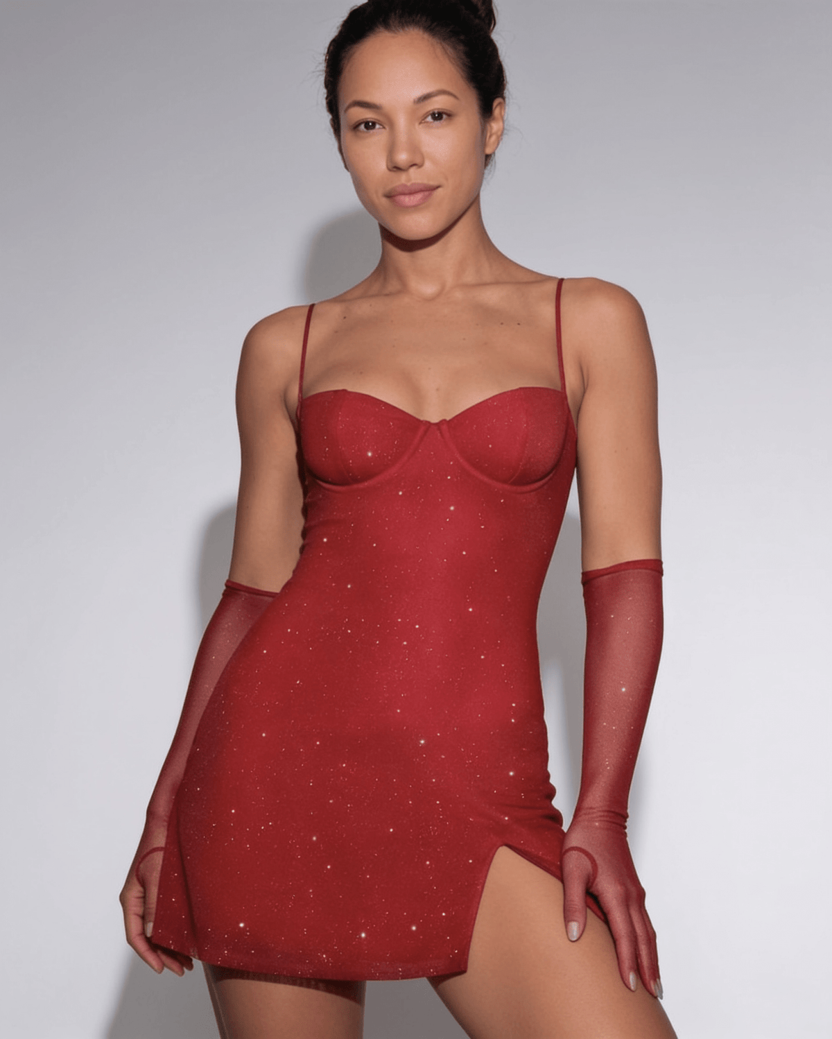 Loovay Starielle Jurk, Glitter Mini Jurk met Handschoenen