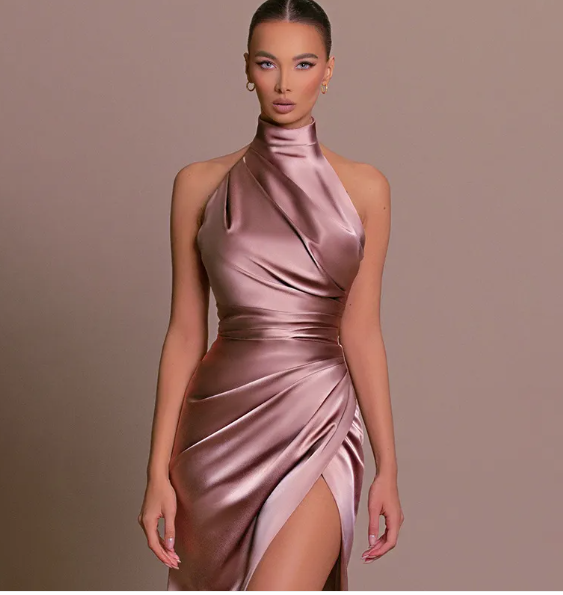 Loovay Lysandra Satijnen Halter Maxi Jurk