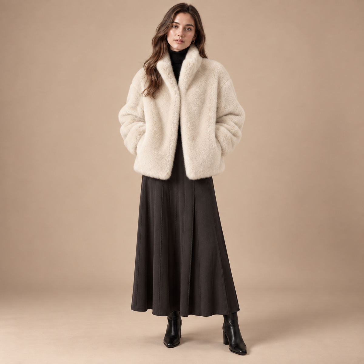 Loovay Veloura Faux Fur Jas met Opstaande Kraag