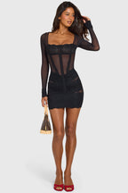 Loovay Aveline Mesh Mini Jurk met Kant