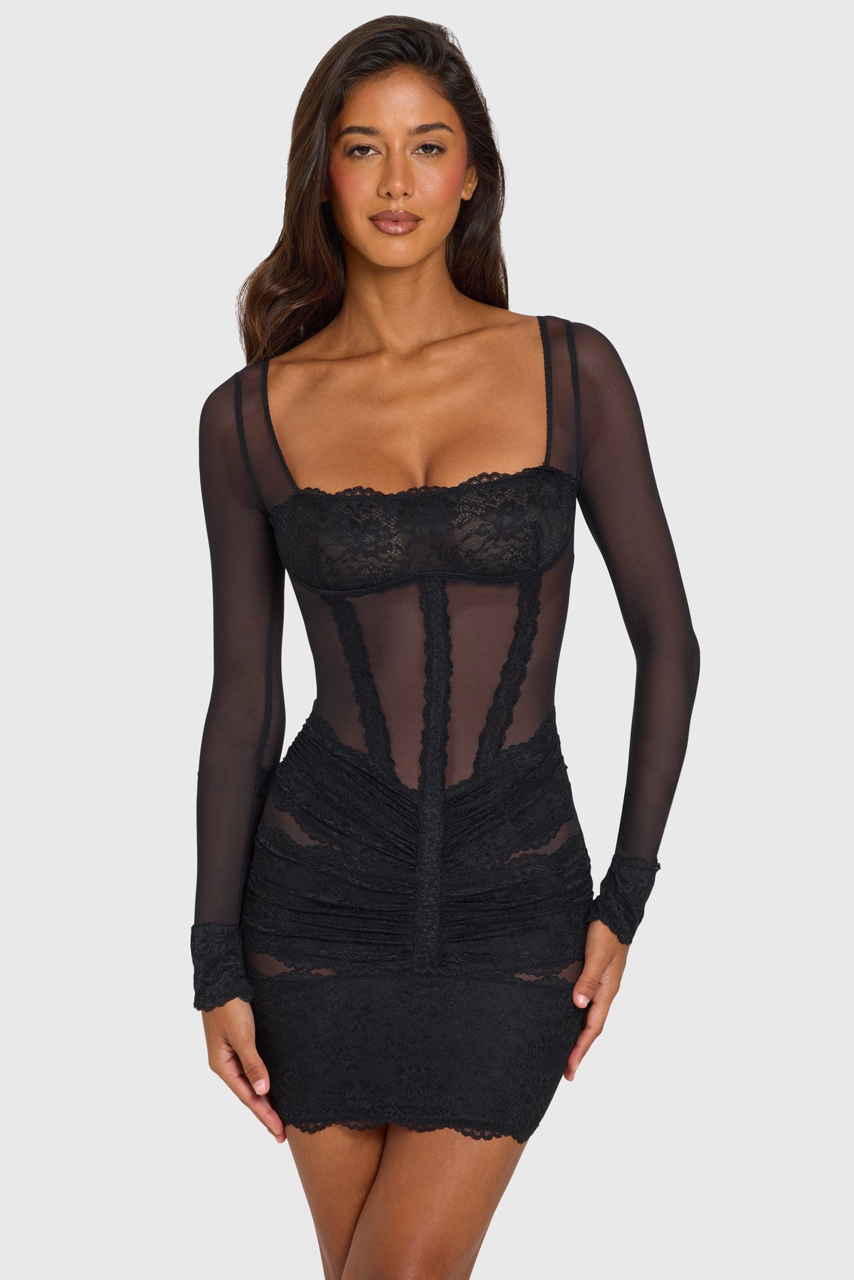 Loovay Aveline Mesh Mini Jurk met Kant
