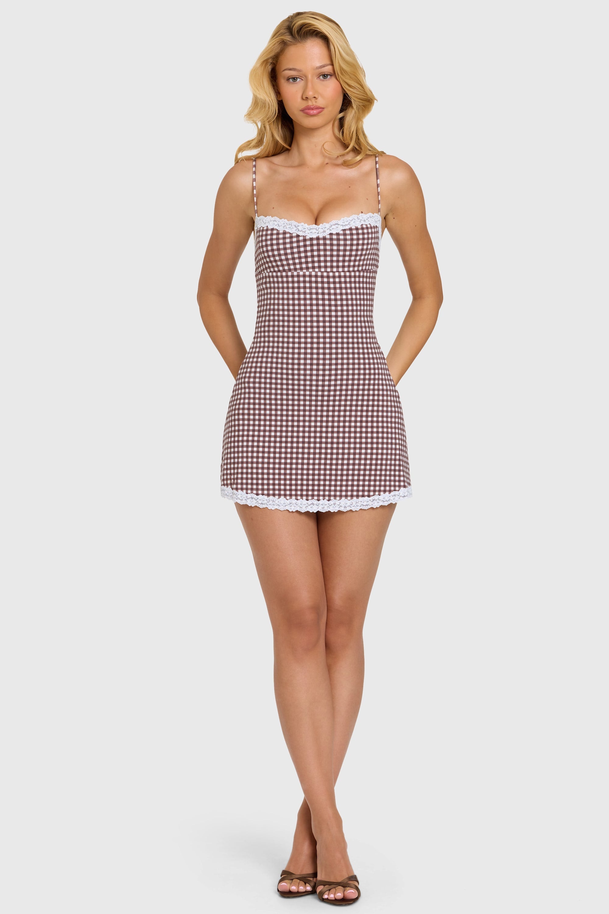 Loovay Maribelle, Geruite Mini Jurk met Kant