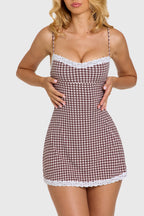 Loovay Maribelle, Geruite Mini Jurk met Kant