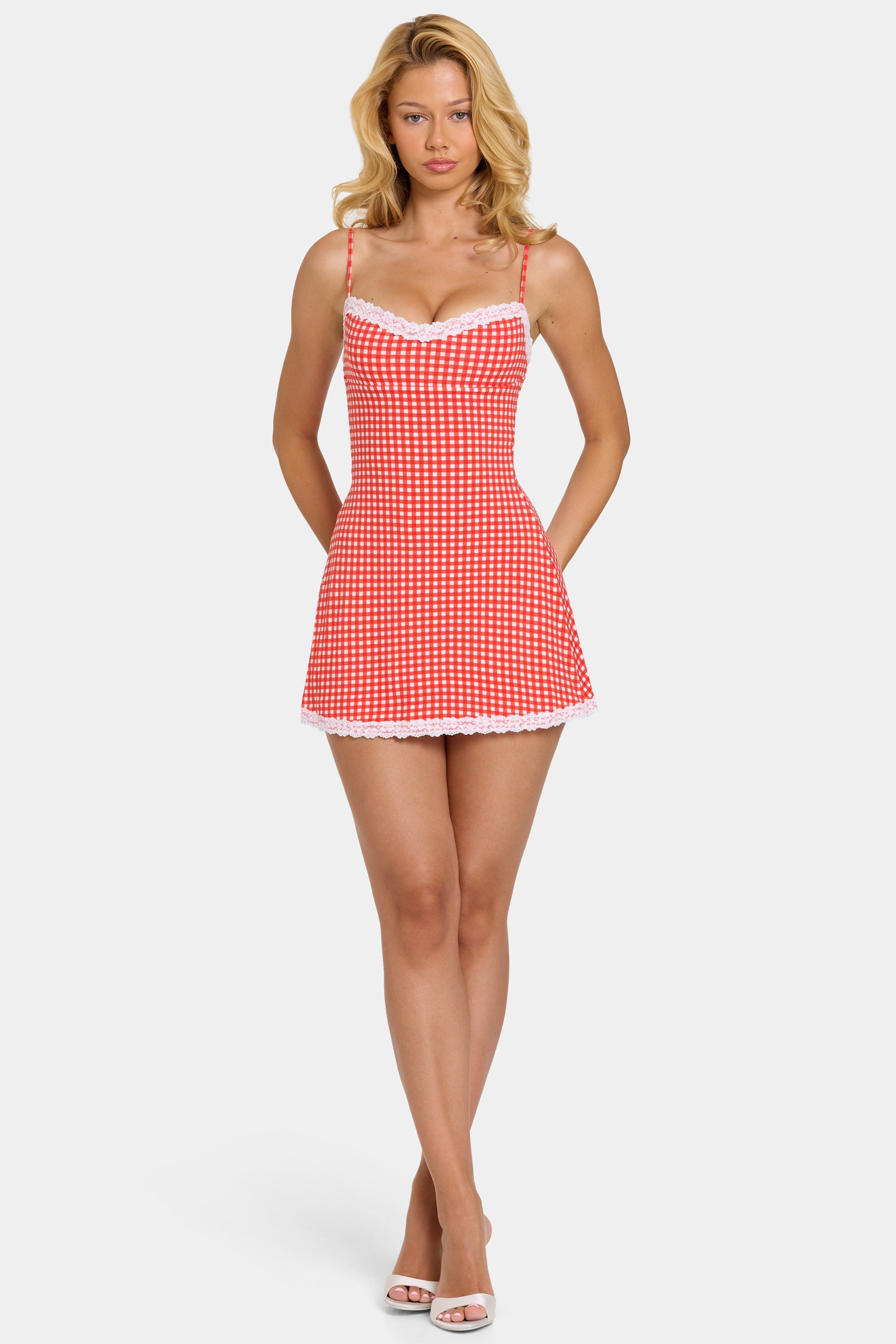 Loovay Maribelle, Geruite Mini Jurk met Kant