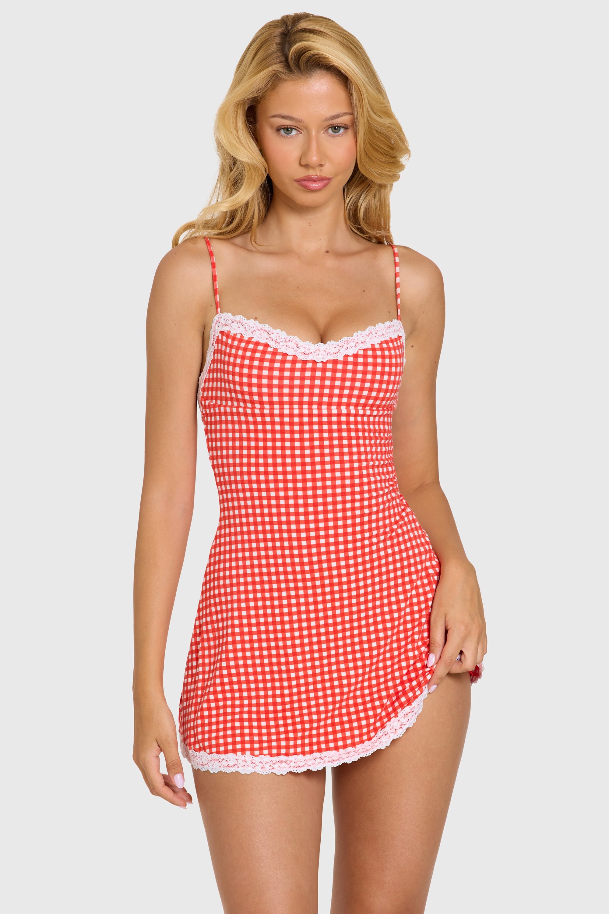 Loovay Maribelle, Geruite Mini Jurk met Kant