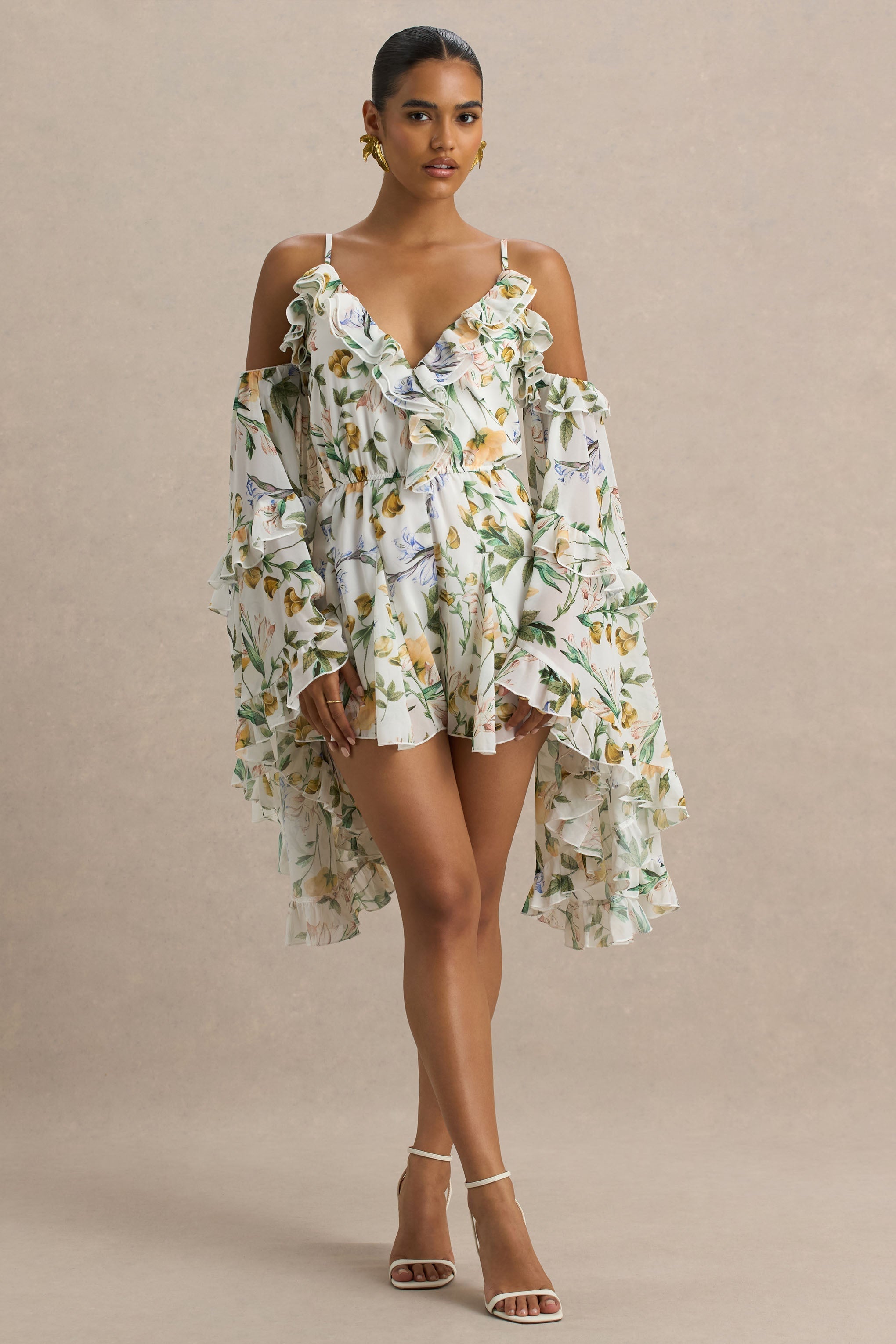 Loovay Soléa Playsuit, Witte Botanische Playsuit met Ruches