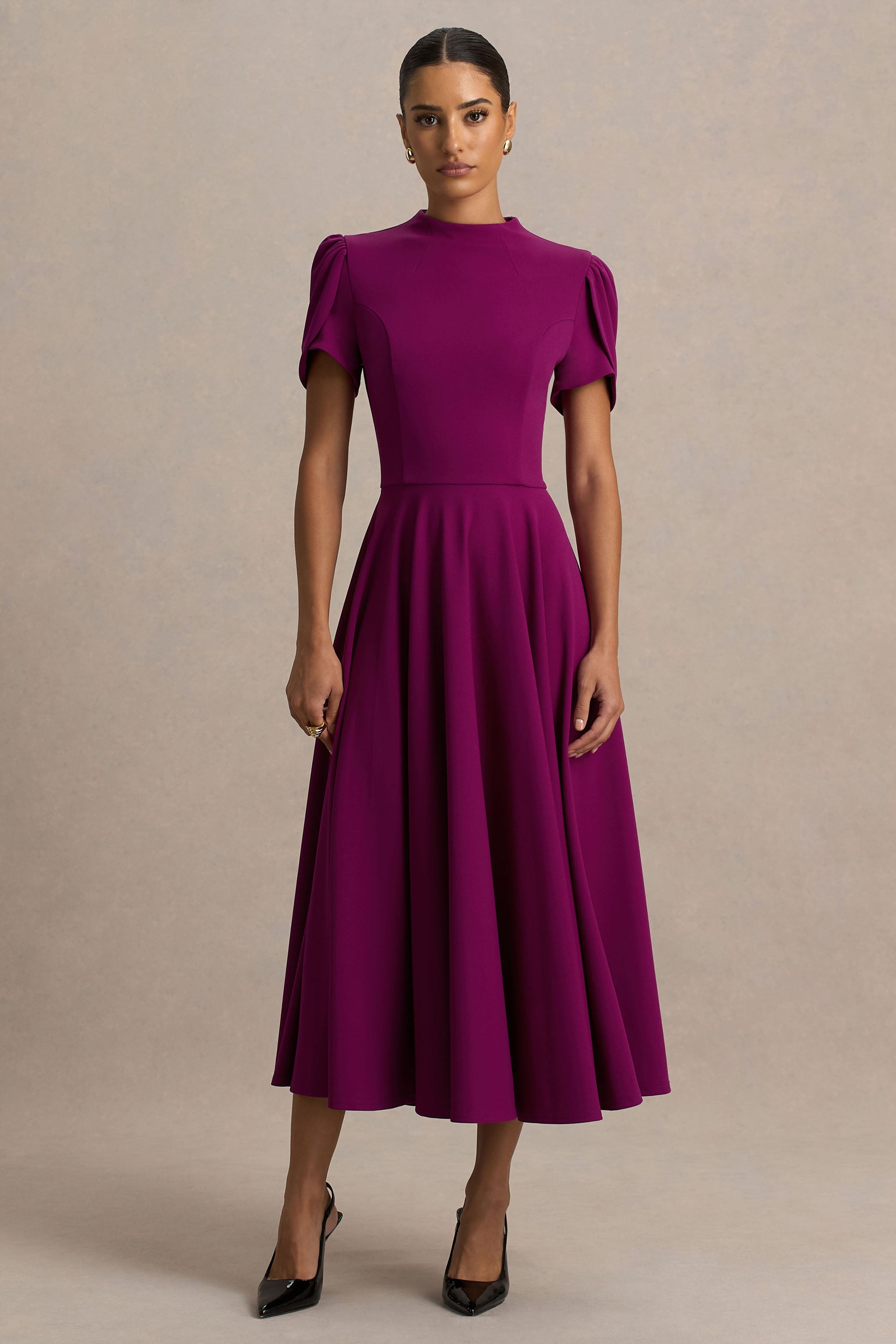 Loovay Élanora Midi Jurk, Elegante Scuba Crêpe met Hoge Hals