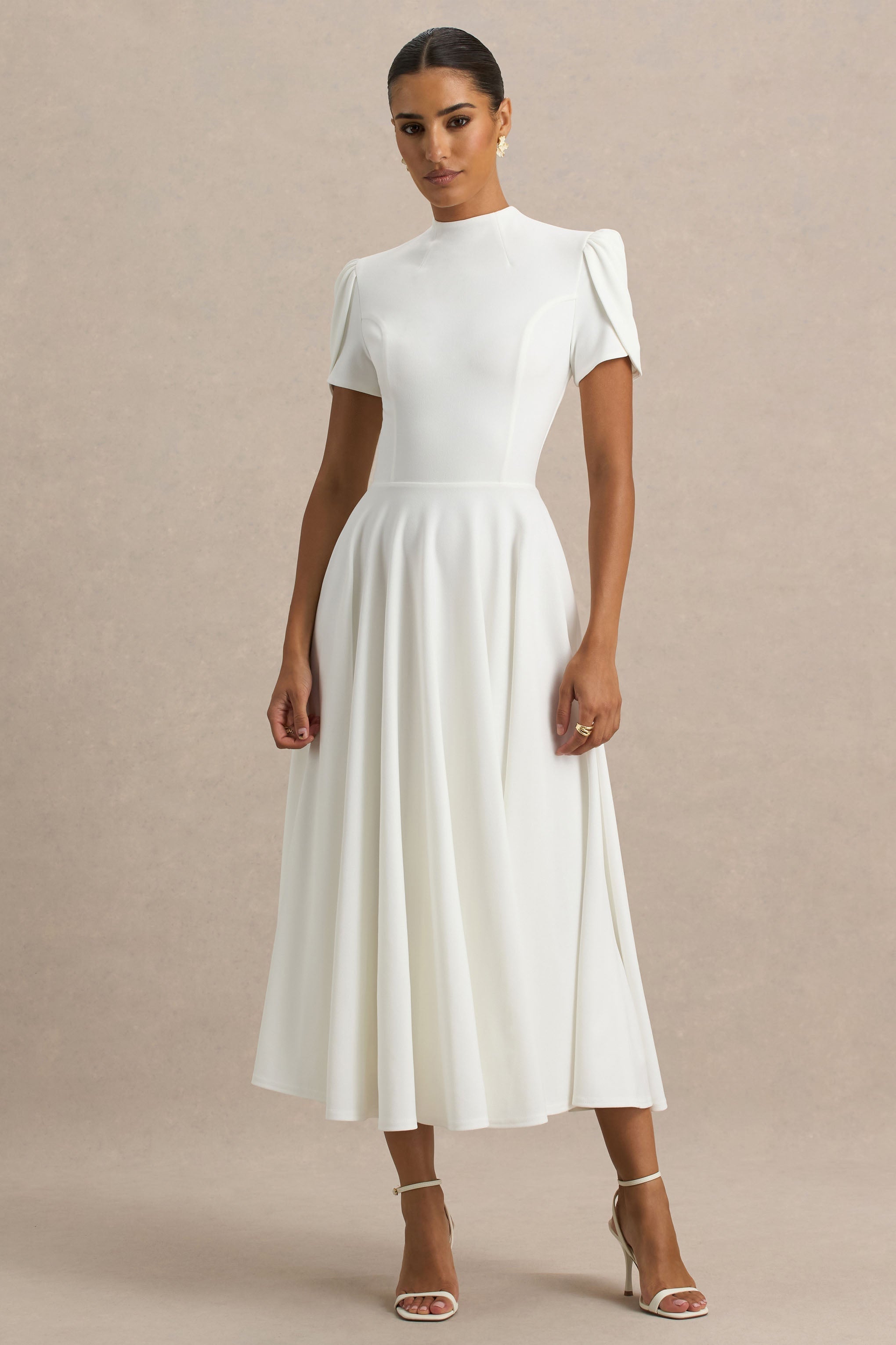 Loovay Élanora Midi Jurk, Elegante Scuba Crêpe met Hoge Hals