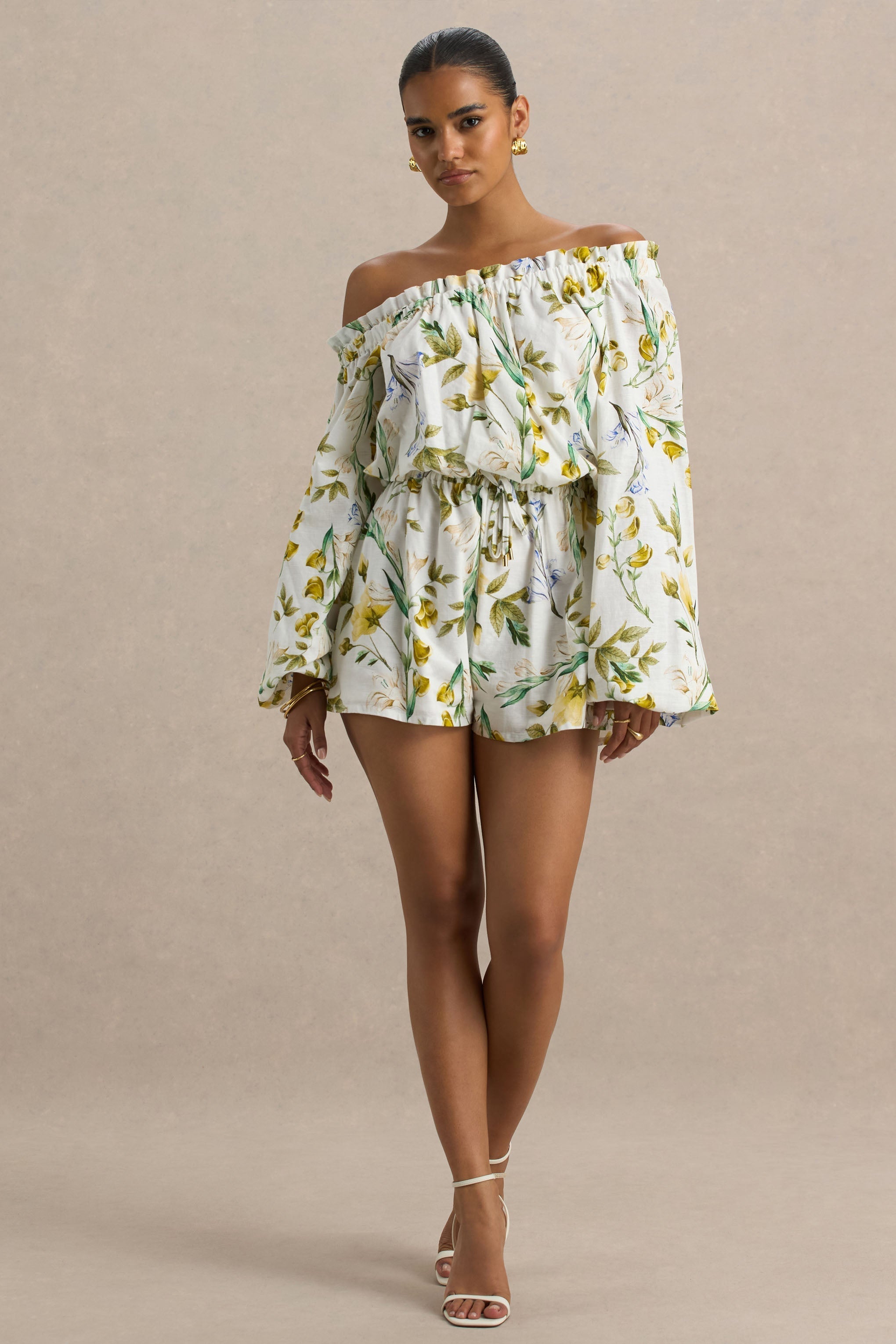 Loovay Solavera Playsuit, Witte Botanische Playsuit met Off-Shoulder Halslijn