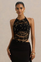Loovay Noctéa Luxe Top, Zwarte Haltertop met Gouden Details