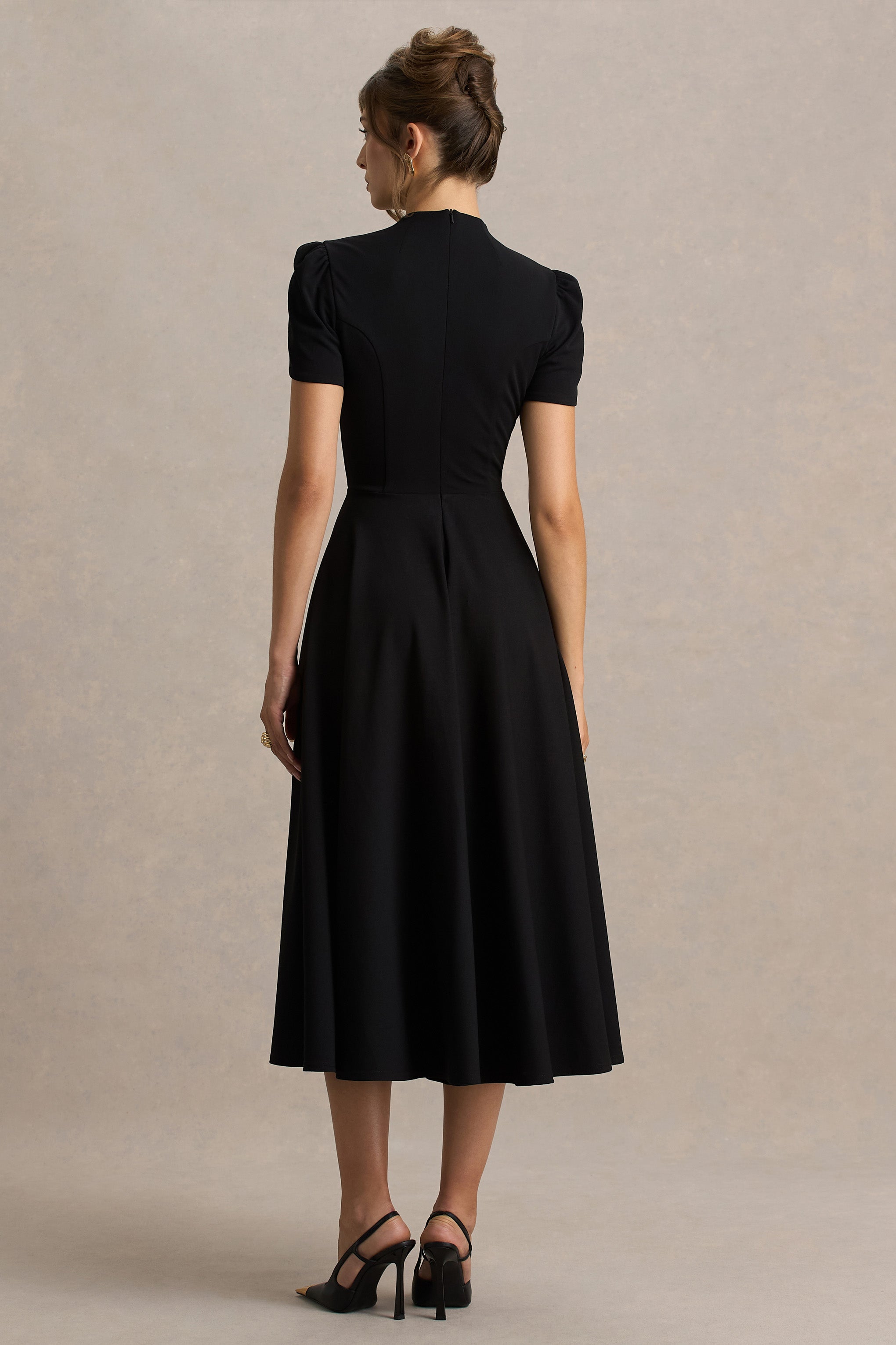 Loovay Élanora Midi Jurk, Elegante Scuba Crêpe met Hoge Hals