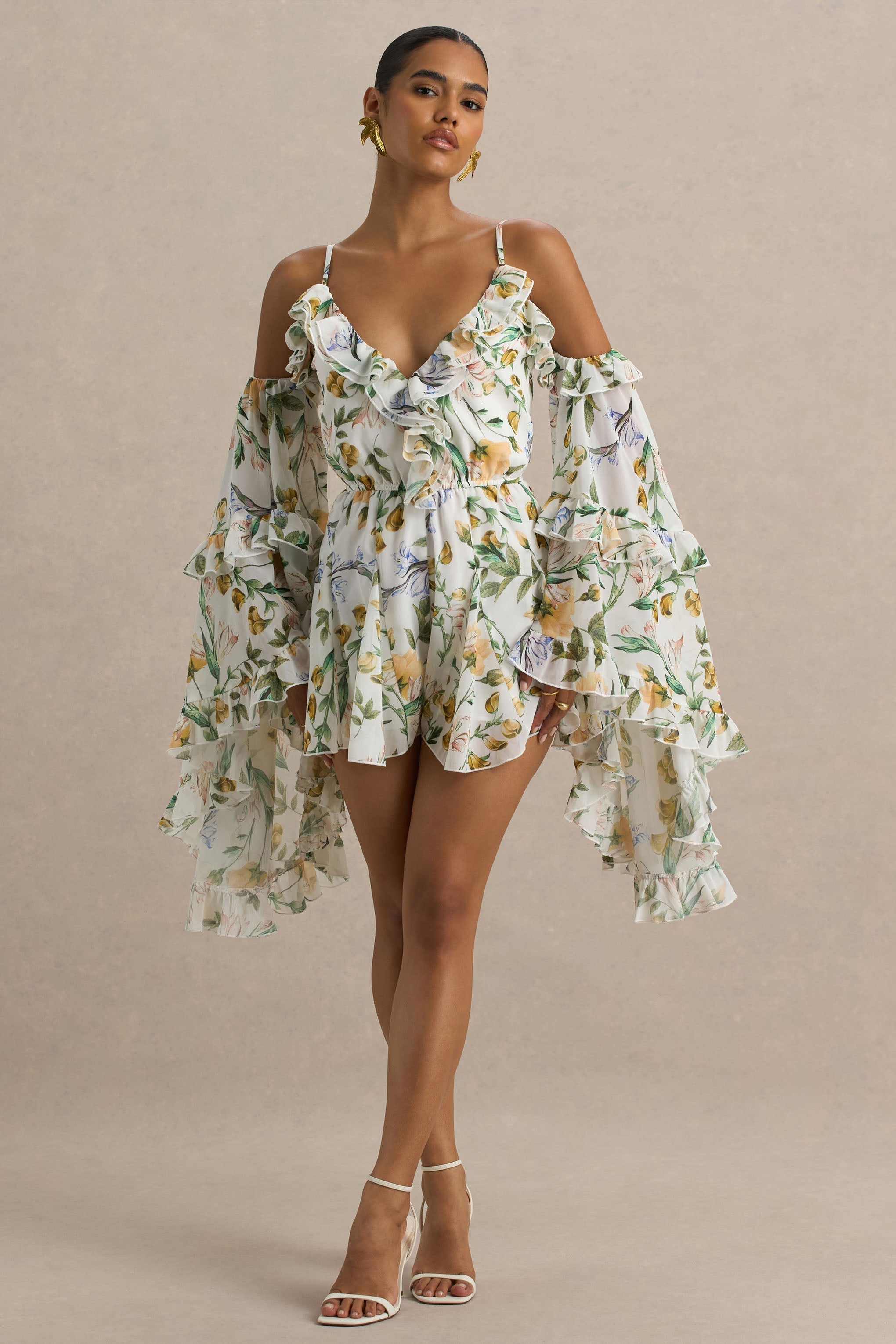 Loovay Soléa Playsuit, Witte Botanische Playsuit met Ruches