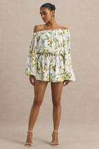 Loovay Solavera Playsuit, Witte Botanische Playsuit met Off-Shoulder Halslijn