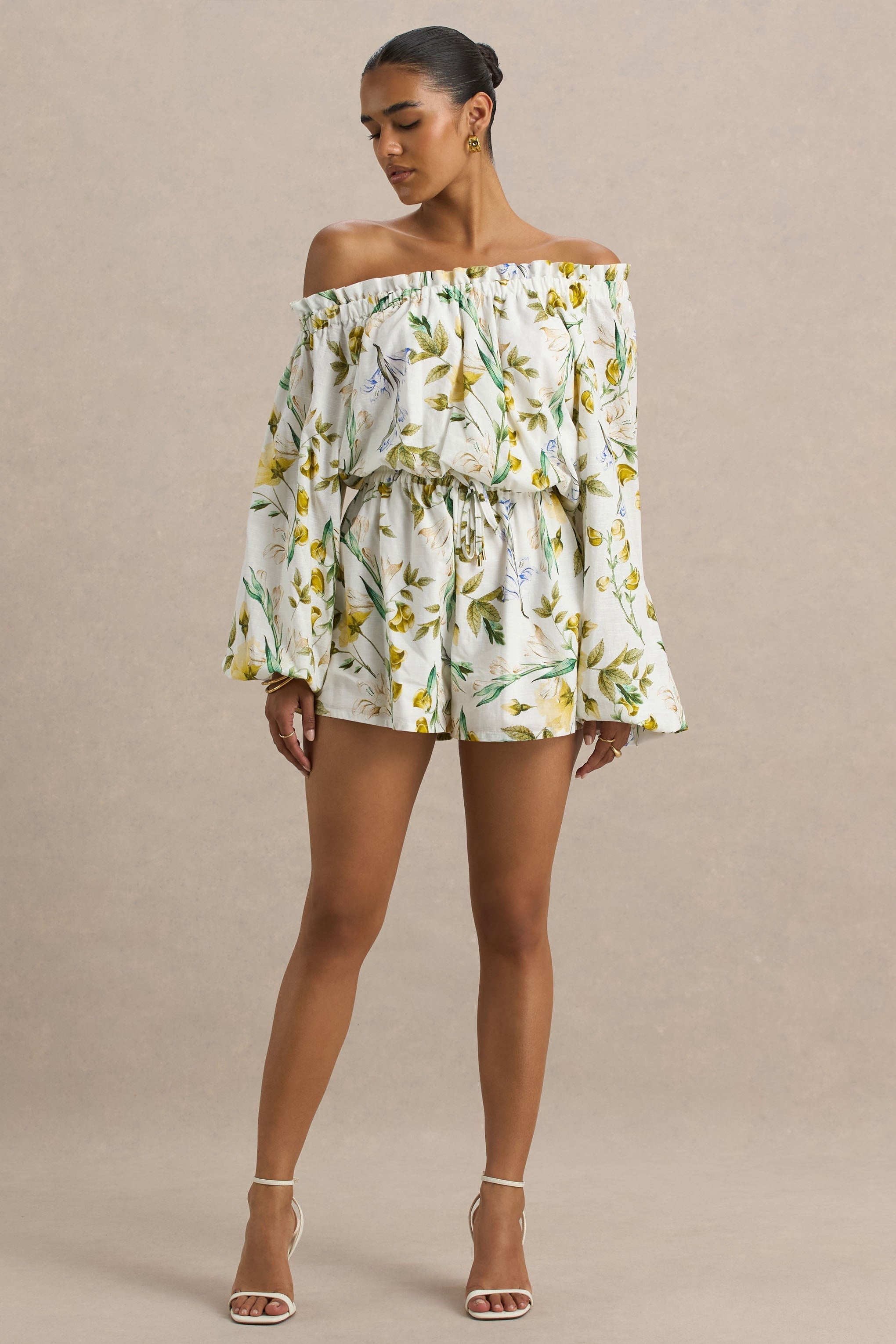 Loovay Solavera Playsuit, Witte Botanische Playsuit met Off-Shoulder Halslijn