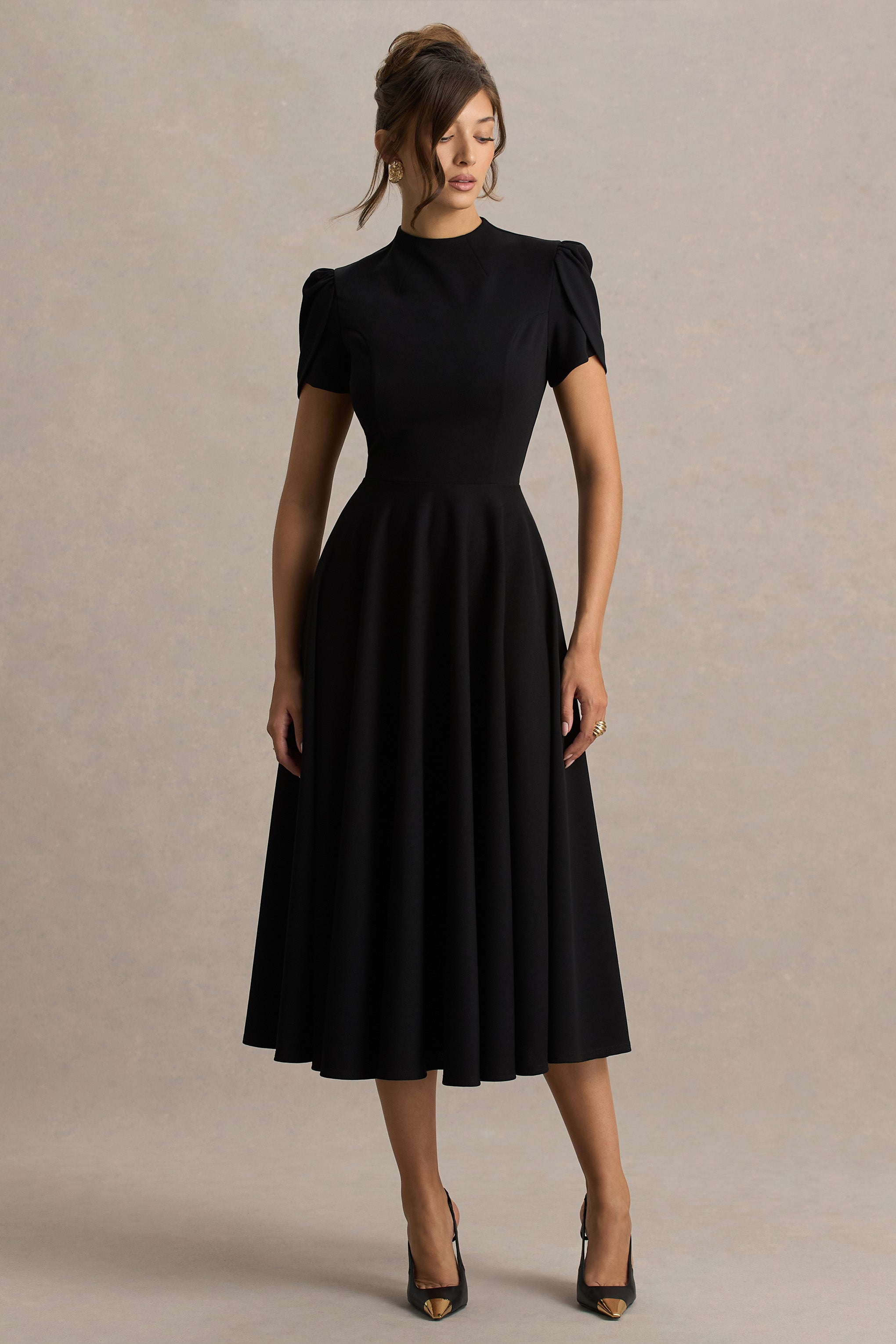 Loovay Élanora Midi Jurk, Elegante Scuba Crêpe met Hoge Hals