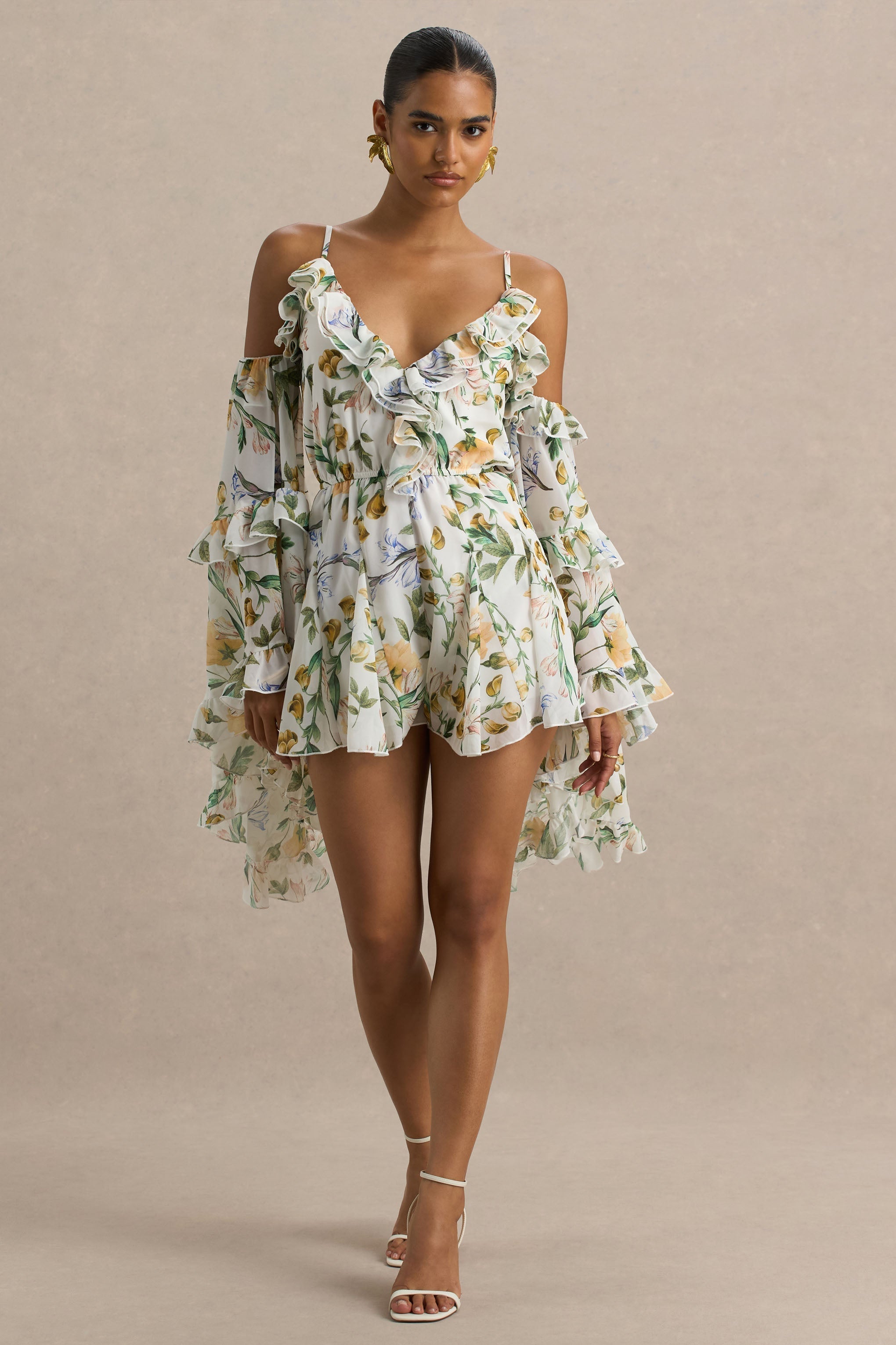 Loovay Soléa Playsuit, Witte Botanische Playsuit met Ruches