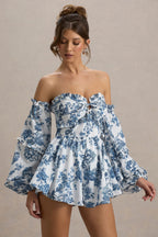 Loovay Azurelle Playsuit, Off Shoulder met Porseleinprint
