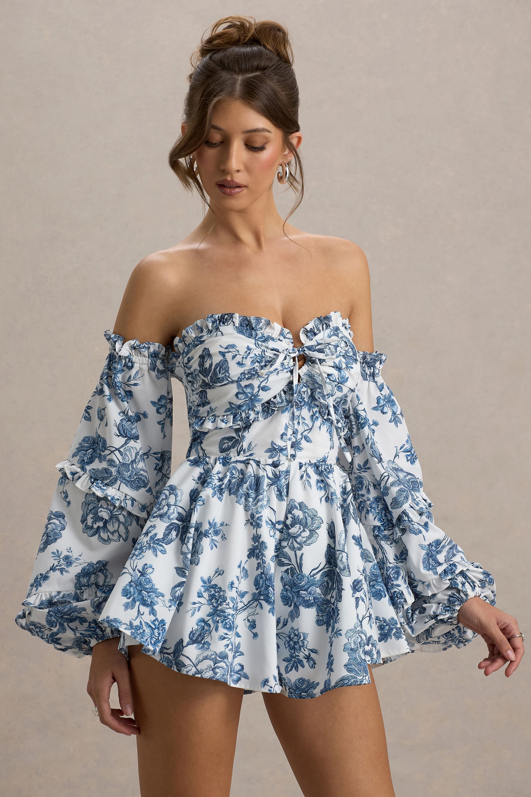Loovay Azurelle Playsuit, Off Shoulder met Porseleinprint
