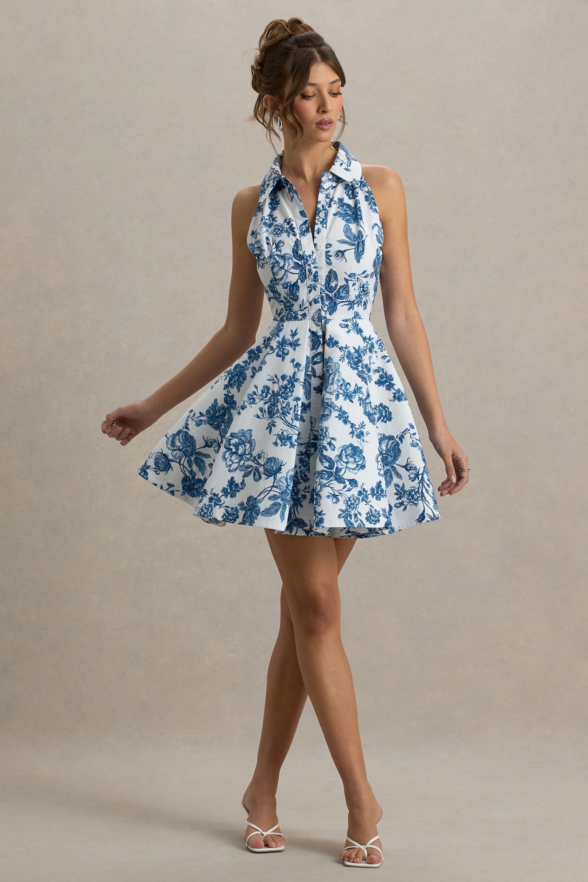 Loovay Belloura Jurk, Halter Mini met Blauwe Bloemenprint