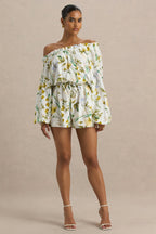 Loovay Solavera Playsuit, Witte Botanische Playsuit met Off-Shoulder Halslijn