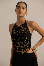Loovay Noctéa Luxe Top, Zwarte Haltertop met Gouden Details