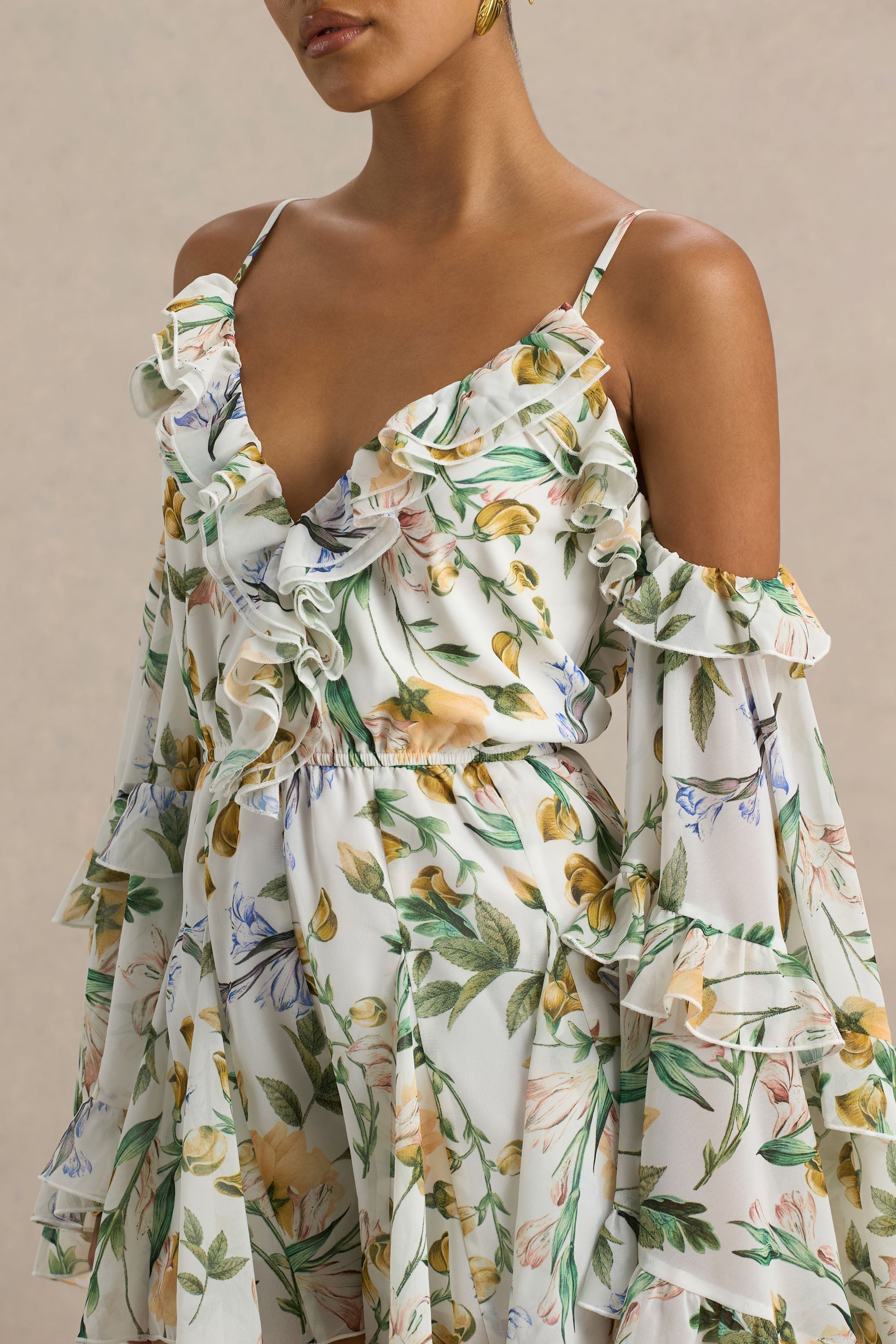 Loovay Soléa Playsuit, Witte Botanische Playsuit met Ruches