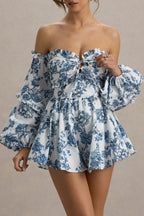 Loovay Azurelle Playsuit, Off Shoulder met Porseleinprint