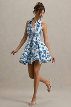Loovay Belloura Jurk, Halter Mini met Blauwe Bloemenprint