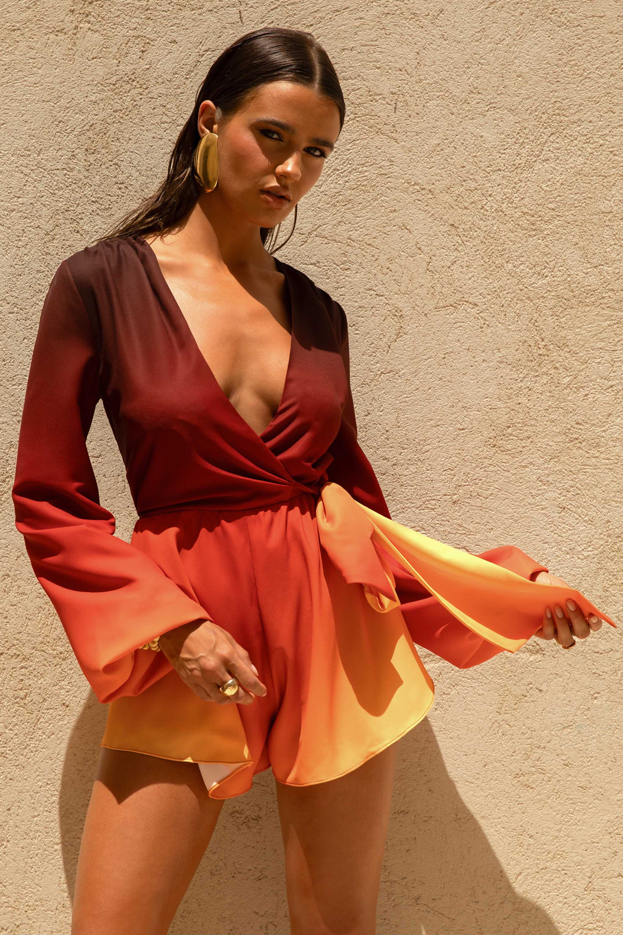 Loovay Solenza Playsuit, Oranje Ombre met Strikdetail