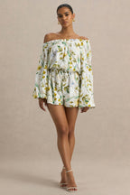 Loovay Solavera Playsuit, Witte Botanische Playsuit met Off-Shoulder Halslijn