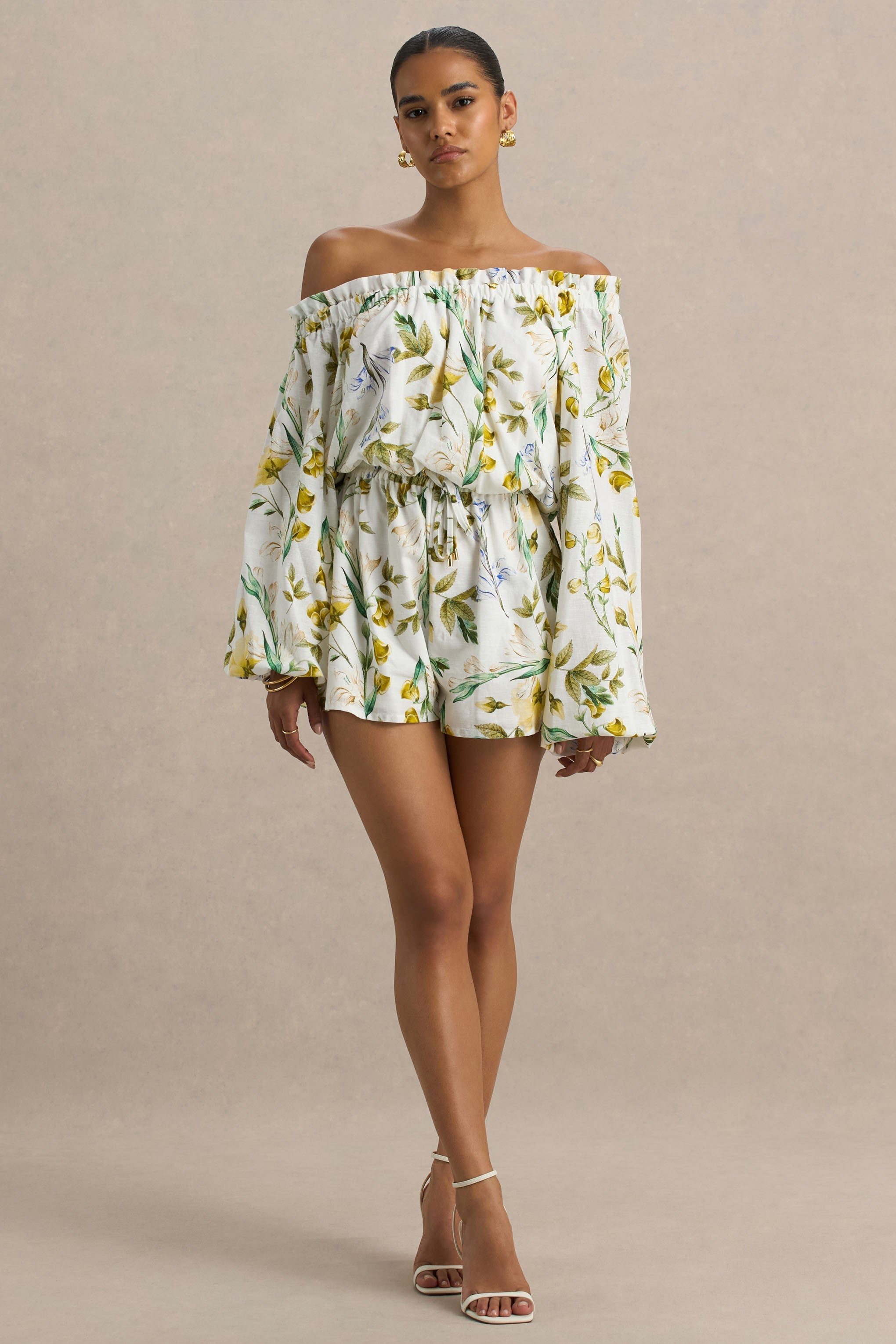 Loovay Solavera Playsuit, Witte Botanische Playsuit met Off-Shoulder Halslijn