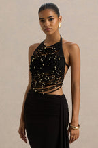 Loovay Noctéa Luxe Top, Zwarte Haltertop met Gouden Details