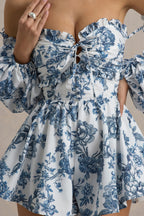 Loovay Azurelle Playsuit, Off Shoulder met Porseleinprint