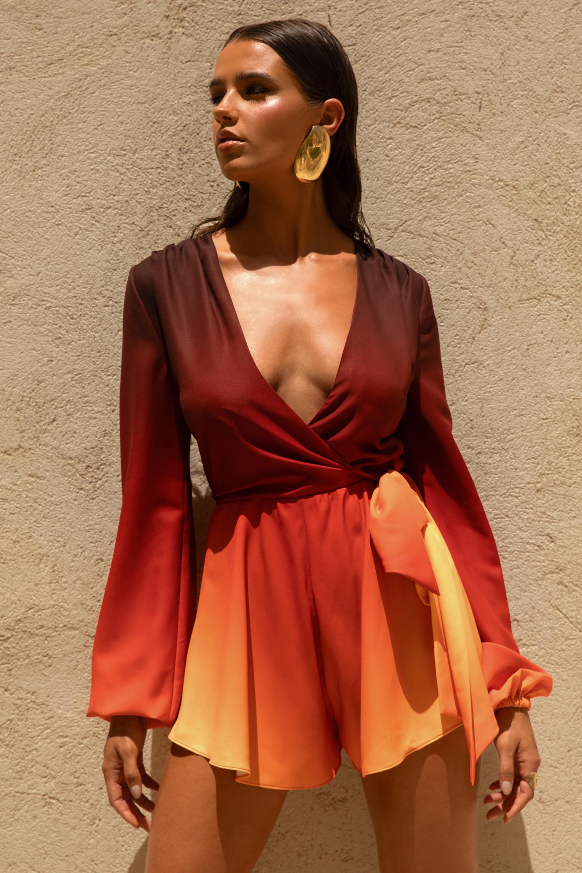 Loovay Solenza Playsuit, Oranje Ombre met Strikdetail