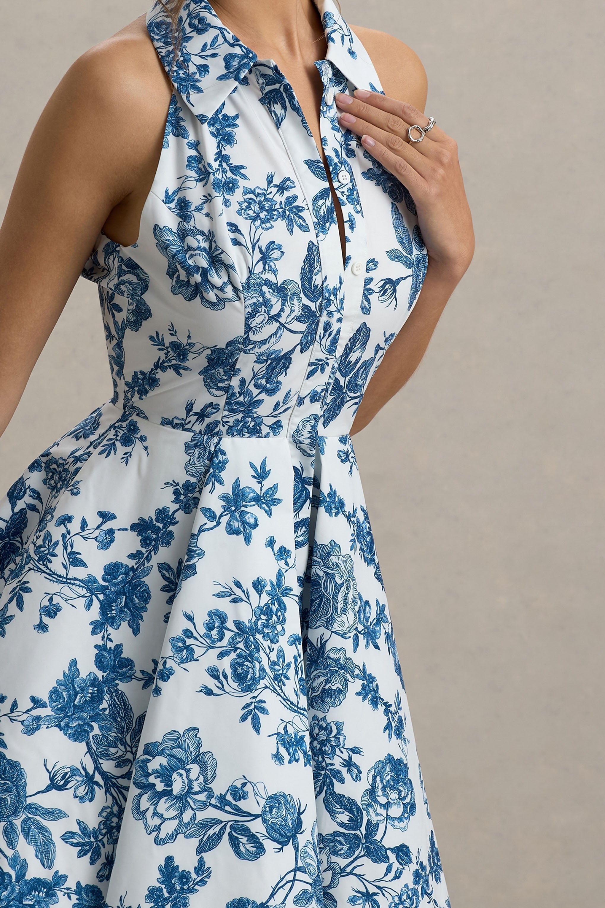 Loovay Belloura Jurk, Halter Mini met Blauwe Bloemenprint