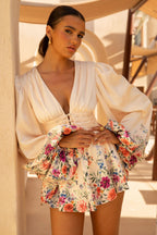 Loovay Rosalie Playsuit, Lichtroze Bloemenprint met Pofmouwen