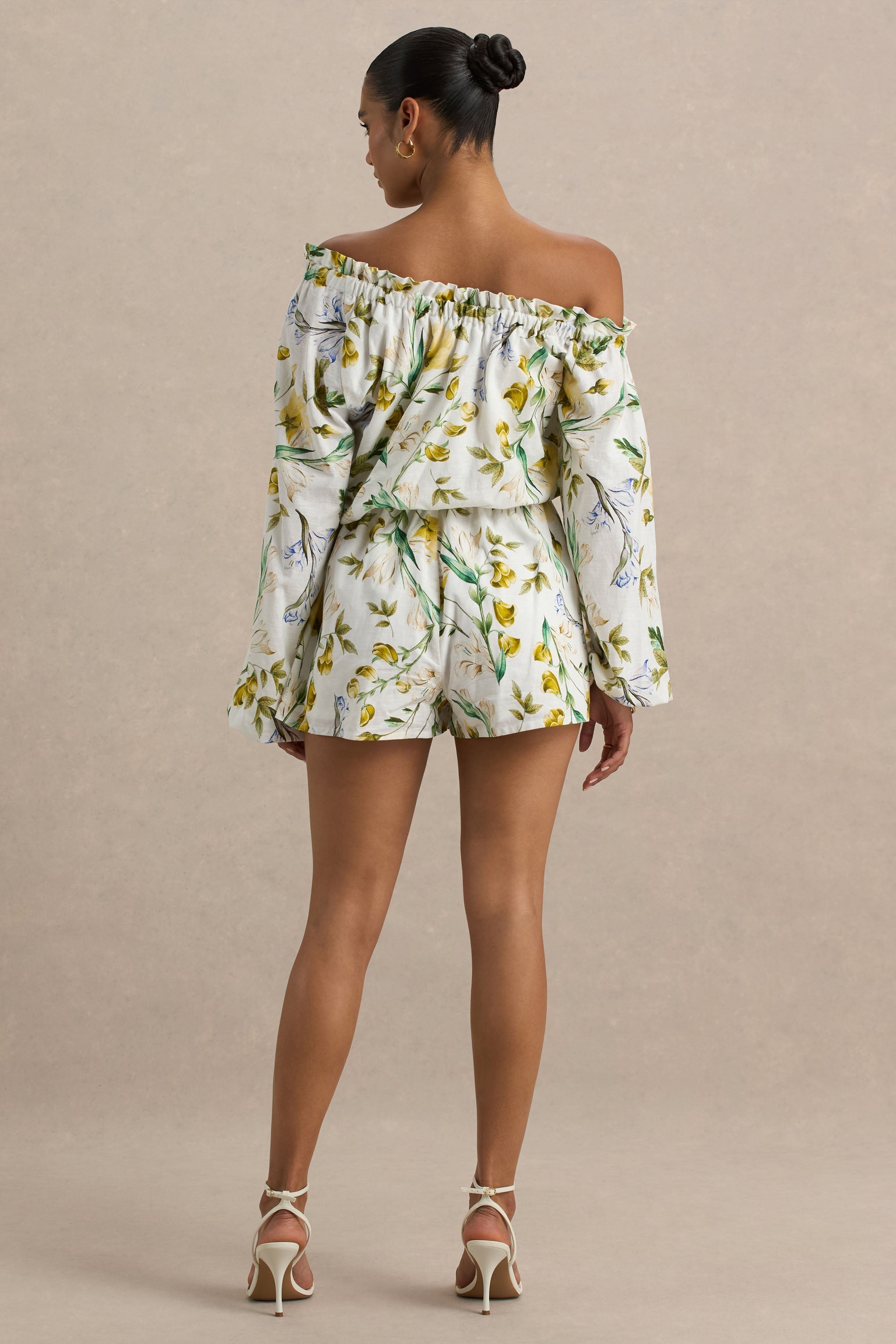 Loovay Solavera Playsuit, Witte Botanische Playsuit met Off-Shoulder Halslijn