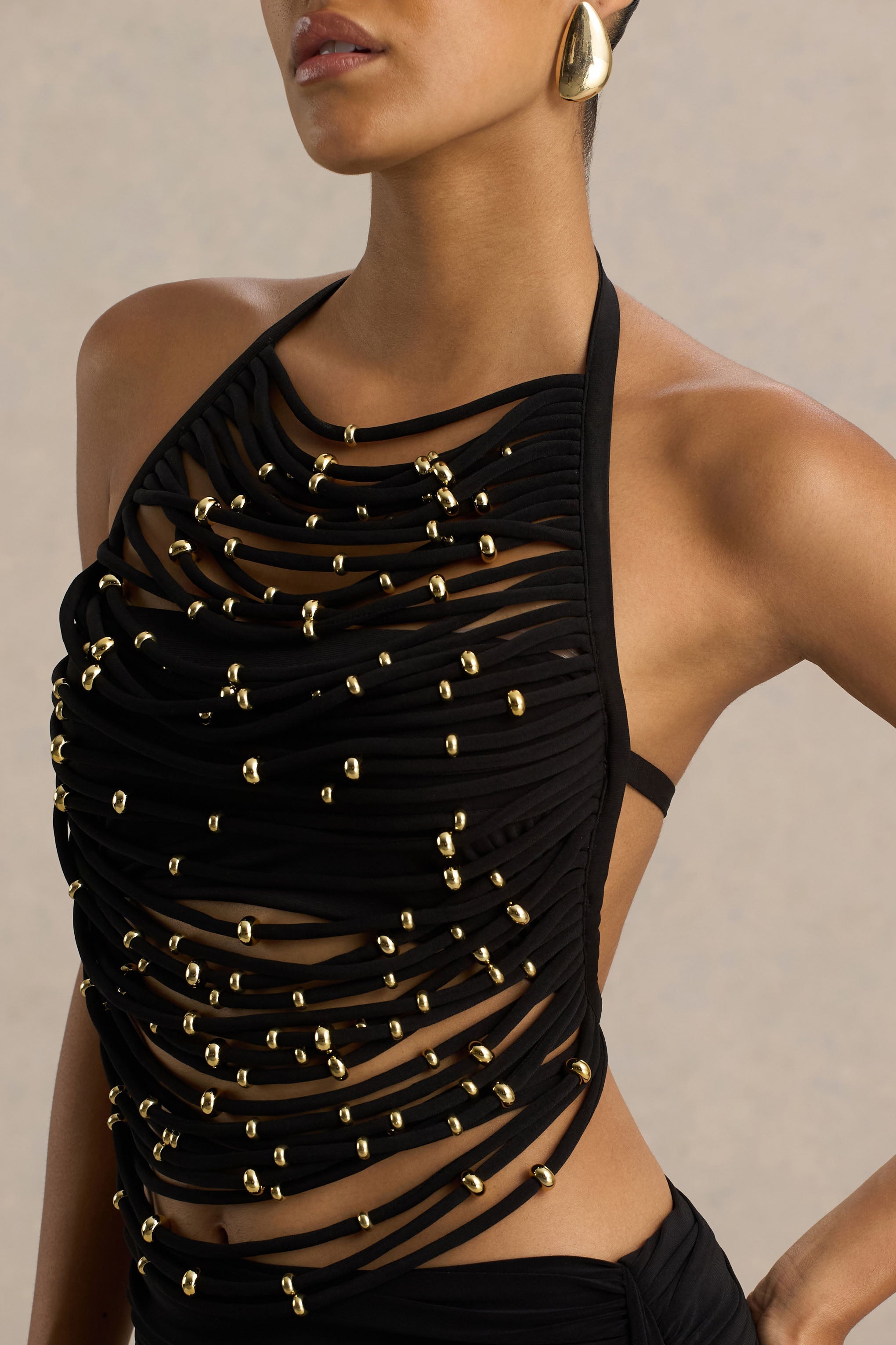 Loovay Noctéa Luxe Top, Zwarte Haltertop met Gouden Details