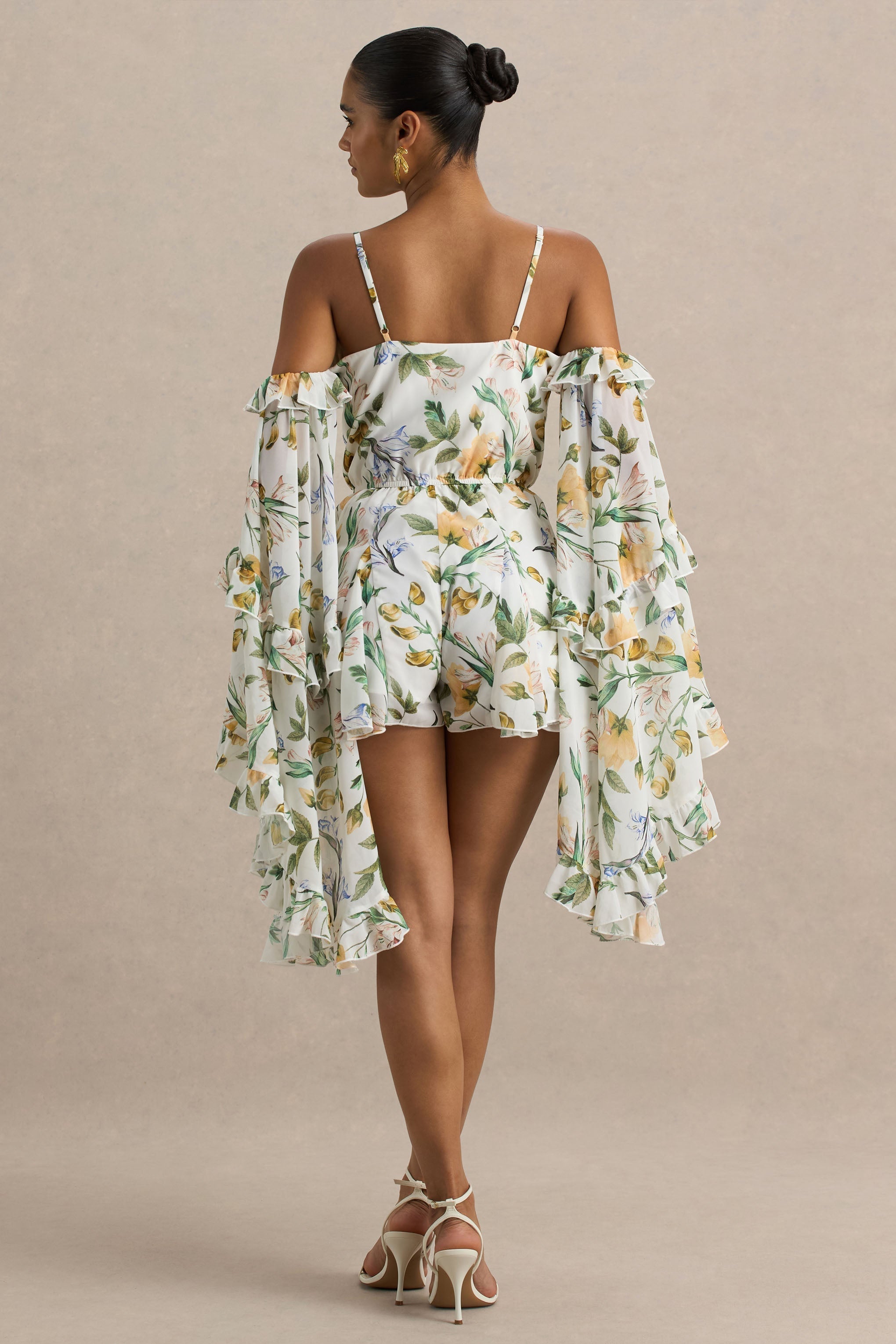 Loovay Soléa Playsuit, Witte Botanische Playsuit met Ruches
