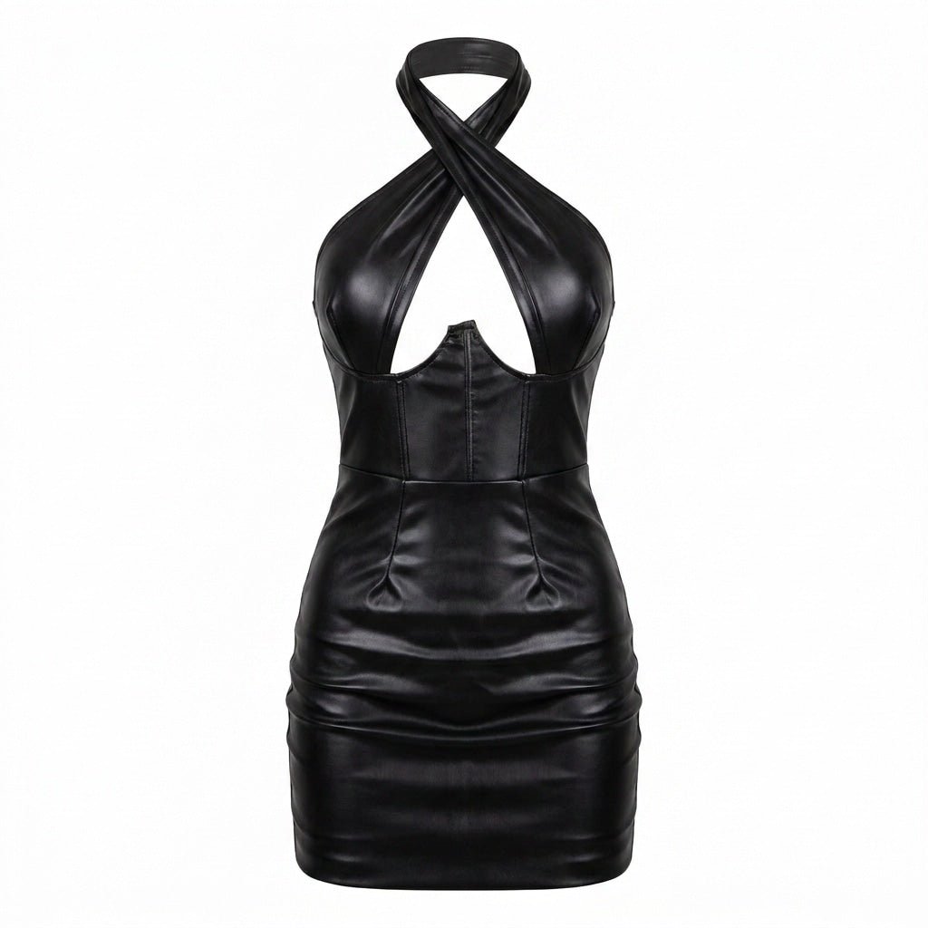 Loovay Noxara Wetlook Halter Mini-jurk met Uitsparing