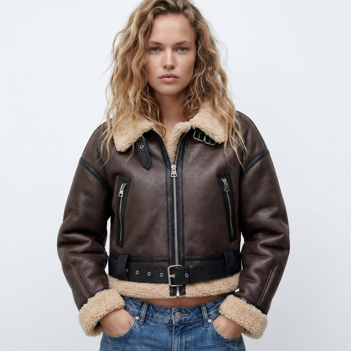 Loovay Elaria Leren Bomberjas met Faux Shearling Kraag