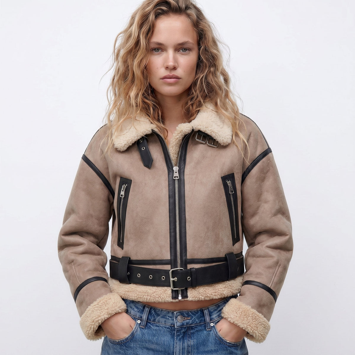 Loovay Elaria Leren Bomberjas met Faux Shearling Kraag