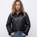 Loovay Elaria Leren Bomberjas met Faux Shearling Kraag