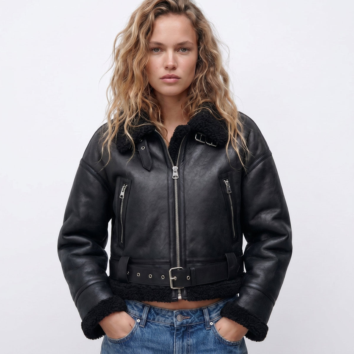 Loovay Elaria Leren Bomberjas met Faux Shearling Kraag