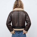 Loovay Elaria Leren Bomberjas met Faux Shearling Kraag