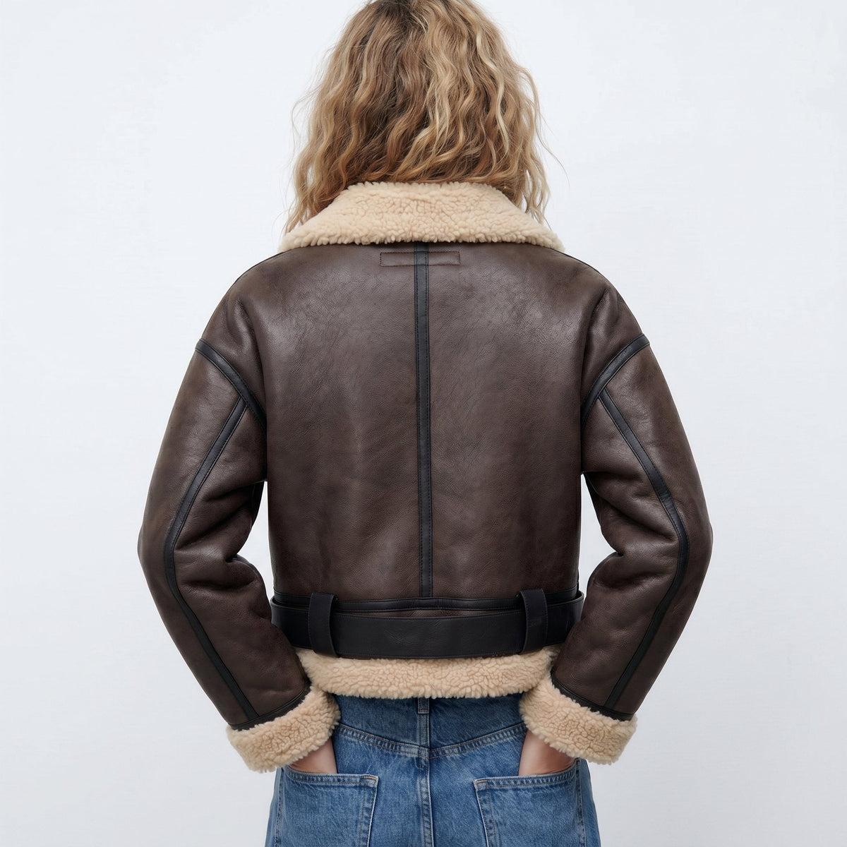 Loovay Elaria Leren Bomberjas met Faux Shearling Kraag