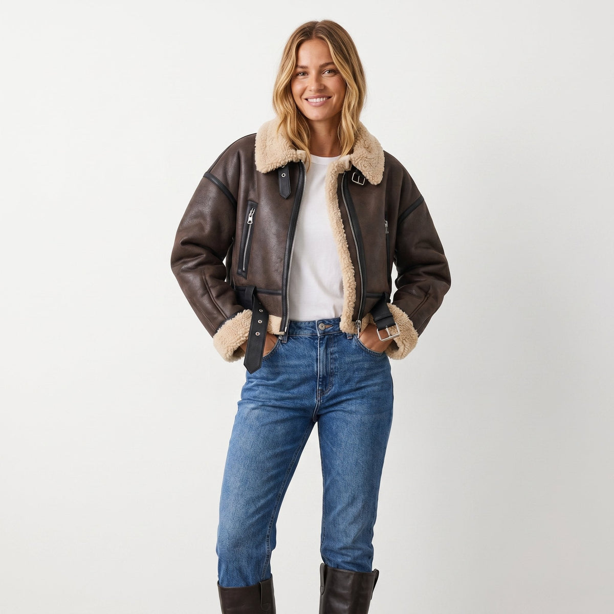 Loovay Elaria Leren Bomberjas met Faux Shearling Kraag